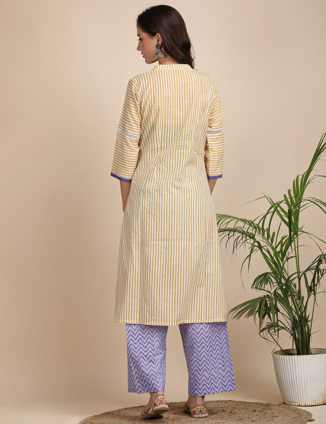 Yellow striped kurta set with dupatta