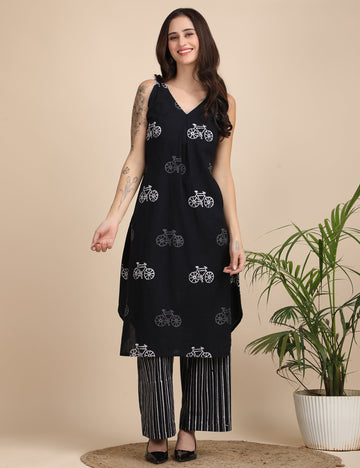 Black cycle kurta with striped pants Co-ord set