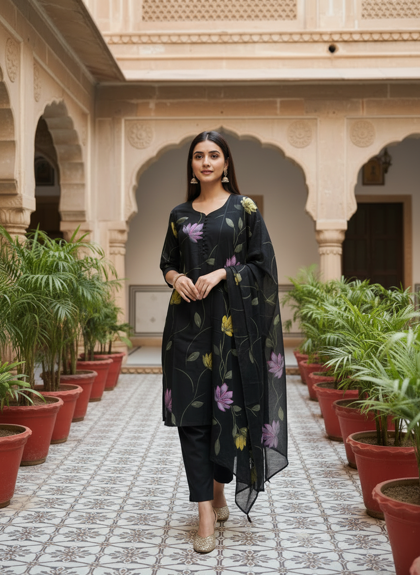 Zoya hand painted kurta set with dupatta